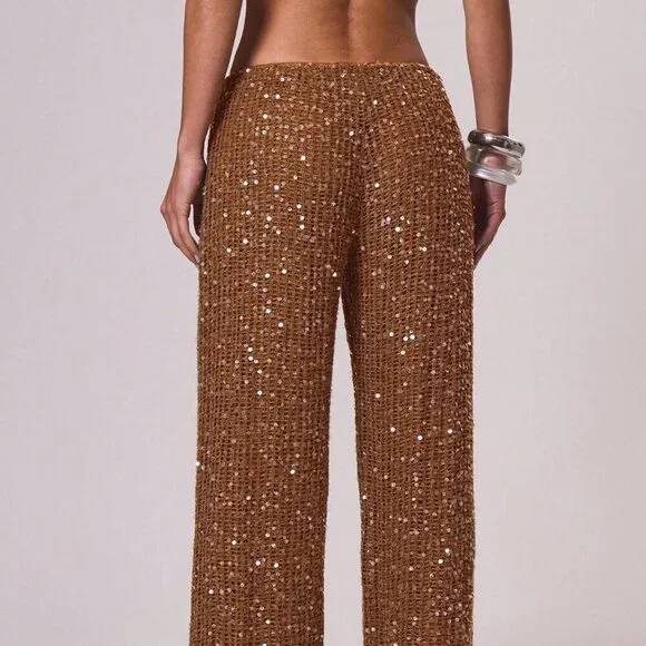 Rust Brown Women's ResortDrawstring Waist Sequin Relaxed Wide Leg pants